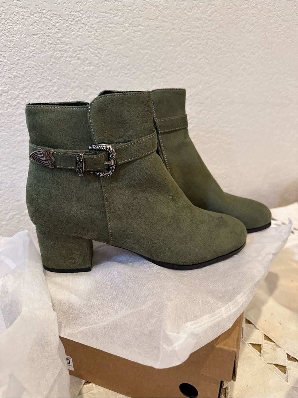 Women’s Olive Green Suede Ankle Boots with Western Buckle
